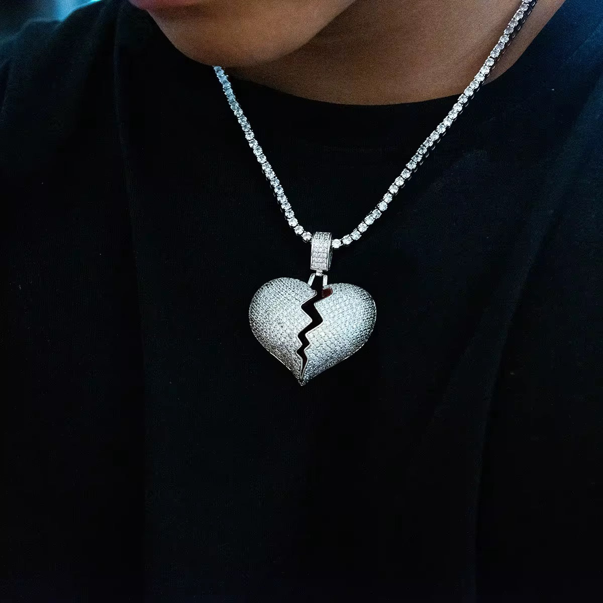 ICED BROKEN HEART PENDANT - WHITE GOLD